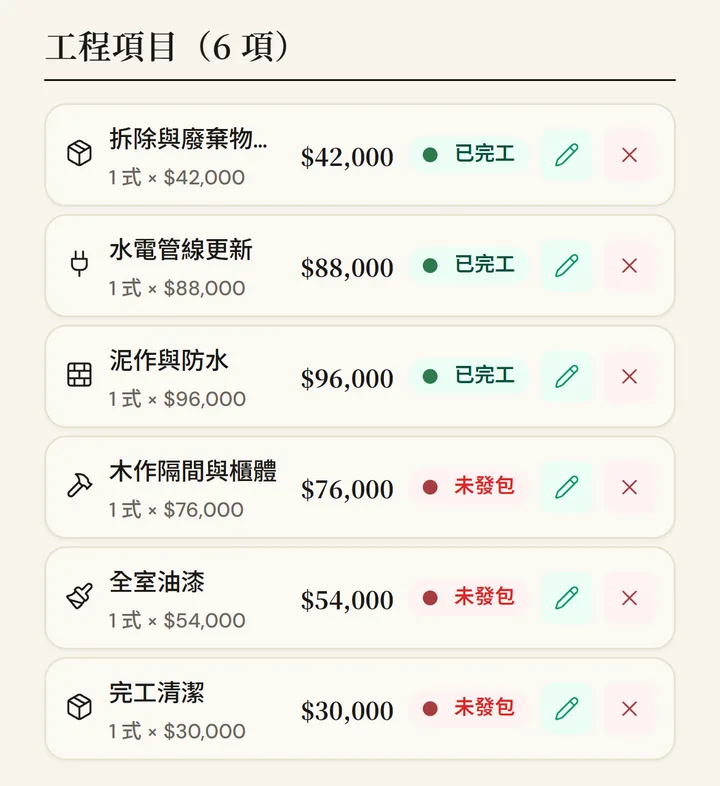 衡序 OS 報價畫面：統包工程的報價項目與工班發包狀態（未發包／已完工）