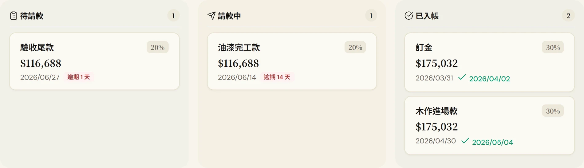 衡序 OS 請款看板：待請款、請款中、已入帳，逾期一眼看到